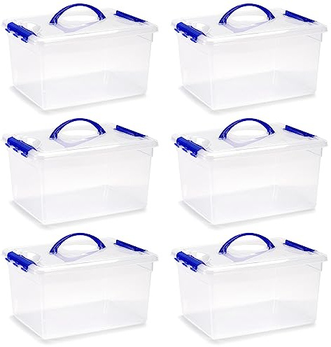 Acan Tradineur - Confezione da 6 Scatole di Stoccaggio Trasparenti con Maniglia Blu - Realizzate in Plastica - Contenitori per Giocattoli, Libri, Vestiti, Coperte - N.º 9 - 18 x 34 x 27 cm - 12 Litri