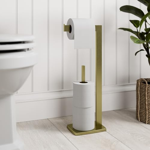 Brushed Brass Freestanding Toilet Roll Holder Modern Square Design, Premium Stainless Steel Bathroom Tissue Stand with Spare Roll Storage, Floor Standing Toilet Paper Holder for Contemporary Bathrooms
