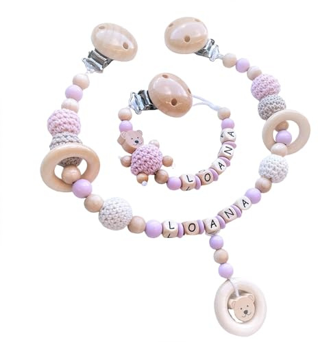 2er Set personilisiertes gestaltetes Babygeschenk mit Namen für für Mädchen in Rosa Baby Geschenk personalisiert zur Geburt & Taufe Motiv Teddy Bär Natur Holz & Rosa