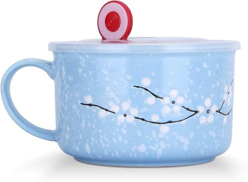 Biigming Große Tasse 800ml Müslischalen mit Deckel und Griff Frühstückstassen Suppenschüssel Nudelschale Kirschblüten unter Schneeflockenmuster für Nudeln Salat Müsli(Blau)