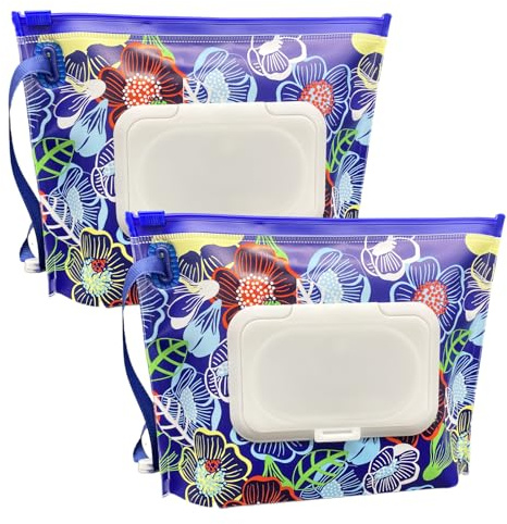 2-pack liten storlek bärbar våtservettsbehållare (18 cm x 13 cm), återanvändbar och påfyllningsbar baby våtservetter fodral, miljövänlig praktisk resa blöja våtservetter bärdispenser (lila blomma)