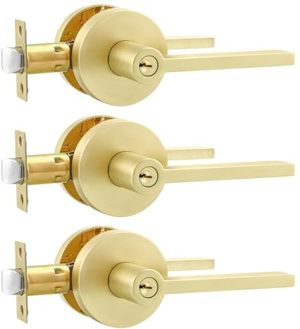 Karlstone 3 Pack Entry Door Handle,Interior Gold Door Knobs in Zinc Alloy, Interior Door Levers with Key,Modern Door Lever for Left or Right Handing,Heavy Duty Constructions