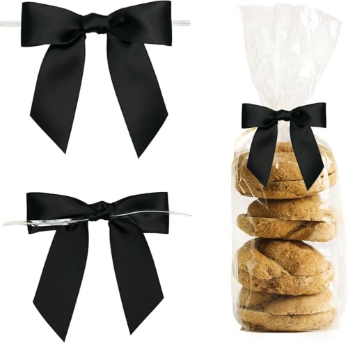 25PCS Mini Satinband Schleifen,Mini Weihnachtsschleifen,Kleine Schleifen Weihnachten,Mit Transparentem Satinband für Geschenktüten, Snacktüten, Bastelarbeiten, DIY-Keks-Bonbontüten/Schwarz