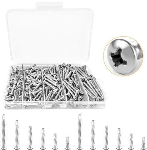 200 Pcs tornillos roscachapas, Tornillos Autotaladrantes de Acero Inoxidable 304, Phillips Tornillos Autorroscantes de Cabeza Redonda, Cabeza Cruz y Plana Redond