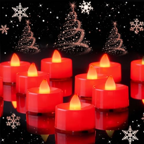AMAGIC Paquete de 24 velas de té LED brillantes de color rojo, funciona con pilas, para bodas, Halloween, día de Acción de Gracias