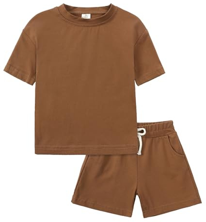 Completi Estivi Neonato Bambino e Bambina Due Pezzi in Cotone Maglietta a Maniche Corte e Pantaloncini Elastici in Vita Tuta Tinta Unita Completo Casual Abbigliamento per Bambini (08-Brown, 8-9 Years)