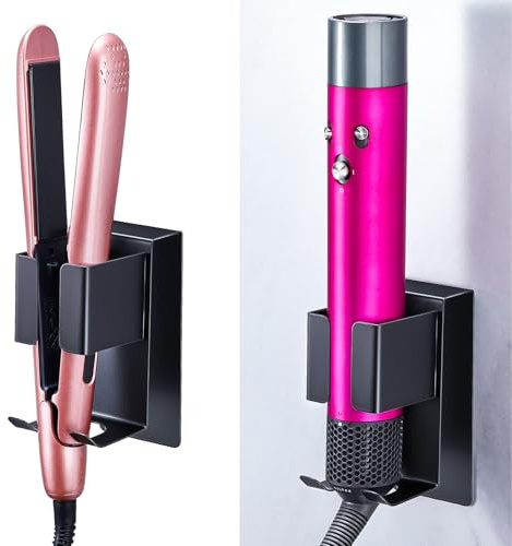YAYINLI Hair Dryer Holder Wall Mounted, Hair Dryer and Straightener Holder, Hair Straightener Organiser, Adhesive Curling Iron Holder for Bathroom (Black)