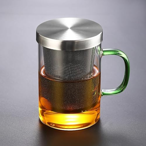 Taza Te 450ml Vidrio, Tazas Infusiones con Tapa y Filtro Gran Capacidad, Un Buen Recipiente, Más Agradable Degustación (Asa Verde)