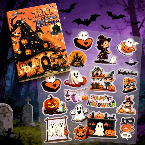 Halloween Scrapbooking-Stickers 20 Blätter, Vintage-PET-Scrapbook-Zubehör zum Basteln von Dekorationen für Scrapbooks, Tagebücher, Kalender usw. (Kürbis-Geister-Aufkleber 1)