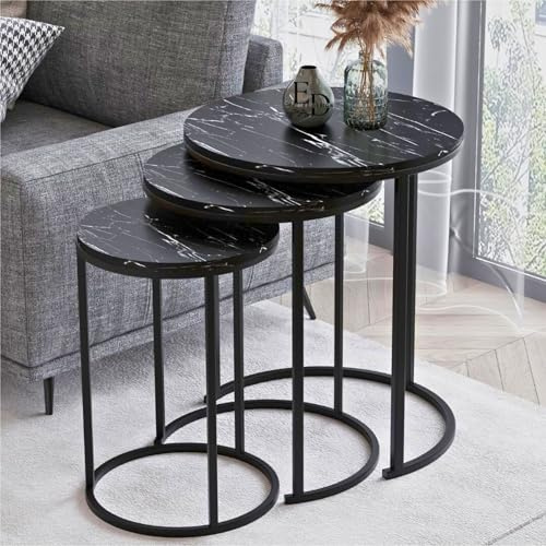 EMIDECO Table Basse Gigogne Ronde Lot de 3 – Plateau Effet Marbre Noir – Pieds Métal Noir – Tables Salon Empilables Gain de Place Design Moderne