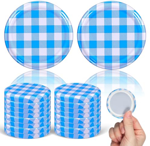 GLEAVI 50 Pièces Couvercles Pot Confiture, 63mm Couvercles de Rechange en Métal pour Bocaux en Verre, Capsules Étanches à Carreaux Bleus pour Conserves et Stockage Alimentaire