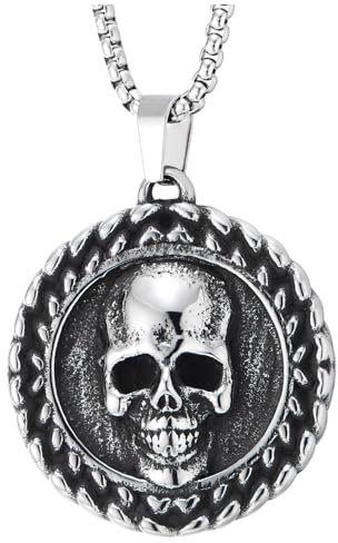 COOLSTEELANDBEYOND Collana con Teschio Gotico per Uomo, Medaglione in Acciaio Vintage con Bordo Intrecciato, Stile Biker Punk