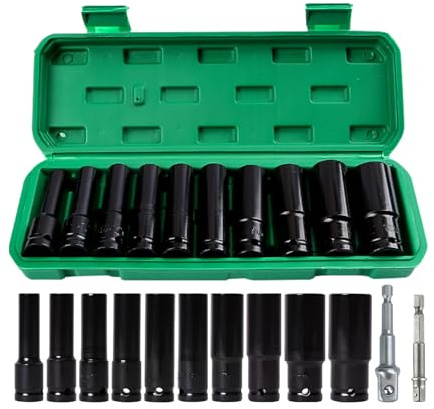 Deep Impact Socket Set, 10 Pcs 10-24 mm Impact Driver Hex Bit Sockets 1/2 Inch Drive Socket Set with 2Pcs Impact Driver Socket Extension Bar for Home Car Repair DIY Mechanic Tool