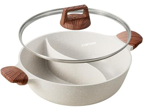 CAROTE Suppentopf mit Trennwand, 4,5 l, doppelter Geschmack | Küchenschmorpfanne mit Glasdeckel, doppelseitig, antihaftbeschichtet, Kochgeschirr für Induktionsherd, Gasherd