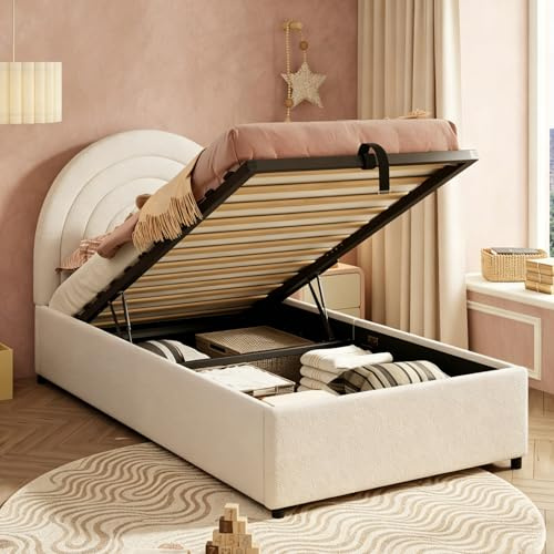 3ft Single Bed Frame with Storage, Hydraulic Gas Lift Upholstered Ottoman Bed with Wooden Slats, No Box Spring Needed, Youth Beds For Adults Children Teenagers, Boucle, Beige, No Mattress, 90x190 cm