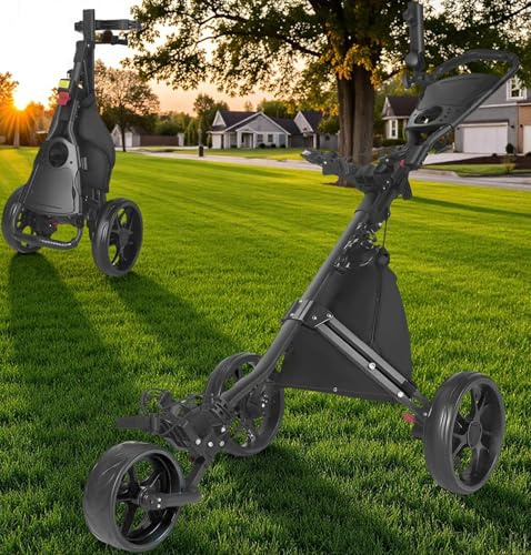 Yigowyigo Klappbarer Golf Trolley 3-Rad, Aluminium Golfwagen mit Schirmhalter, T-Stückhalterung und Aufbewahrungstasche – Leichter Golfcaddy als Push Cart