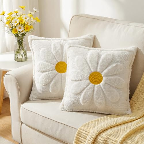 Gilprop Set of 2 White Daisy Flower Pillow Covers 18x18 Embroidered Spring Summer Floral Pillow Covers Room Decor Decorative Cute Faux Fur Soft Flower Farmhouse Decor for Bed Couch Dormitories