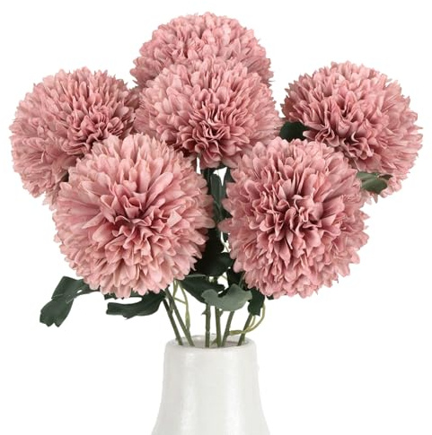 6PCS Pink Chrysanthemum Ball Artificial Flowers 4 Large 21.6 Long Stem | Faux Silk Pompon Mums Stems Fake Kiku Flowers Bouquet for Vase Wedding Home Kitchen Party Garden Floral Arrangement Decor