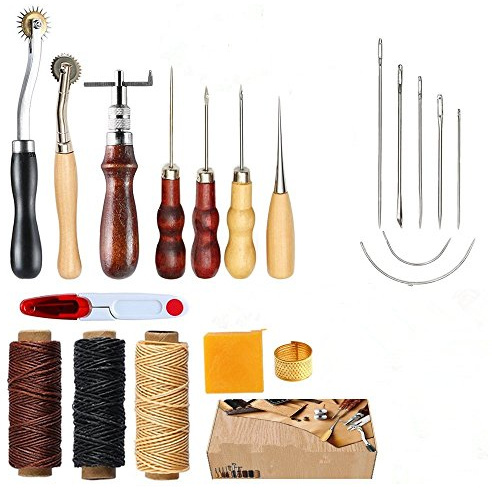 coser herramientas Kit de reparación 14 piezas para coser mano Craft DIY kit de costura a mano con Ranuradora punzón encerado hilo de dedal para costura, cuero, lona o otros proyectos de Leathercraft