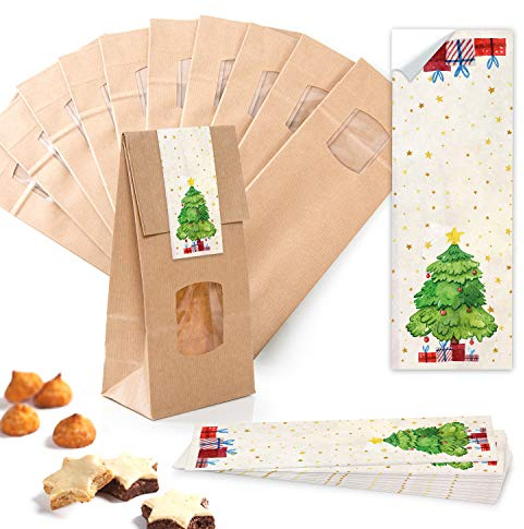 Logbuch-Verlag 50 Gebäckbeutel für Plätzchen Gebäck Pralinen Tüten mit Fenster innen foliert zweilagig braun 10 x 6,5 x 27,5 cm mit Weihnachten Banderole zum Zukleben