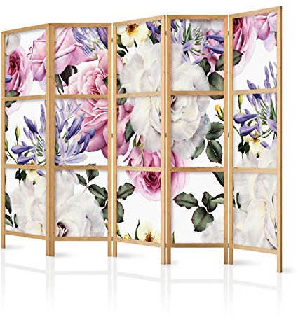 murando - Paravent Innen Raumteiler Holz Blumen Rose 225x172 cm 5-teilig Japanische Trennwand Raumtrenner Room Divider Mobiler Sichtschutz Spanische Wand Raum Abtrennung Japan b-B-0379-z-c