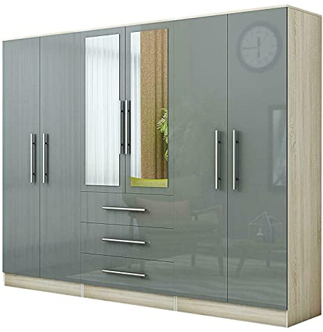 Unique Furnishings Large 6 Door Wardrobe with 3 Drawers & Full Length Mirror, High Gloss Grey Bedroom Furniture, Modern Clothes Storage Cabinet