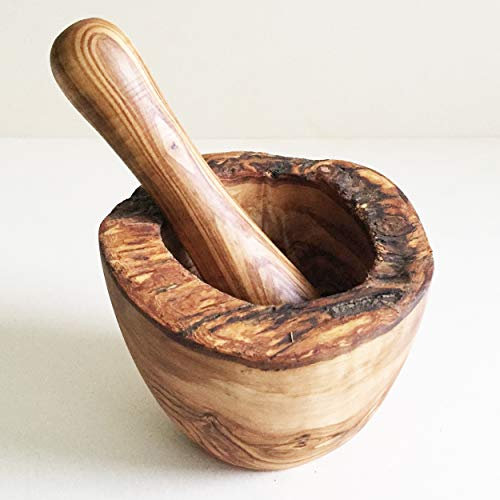 generisch Mortier de Cuisine en Bois d'olivier avec Pilon - Taille au Choix - Fabriqué à la Main, Bois d'olivier, Marron, Ø 14 cm