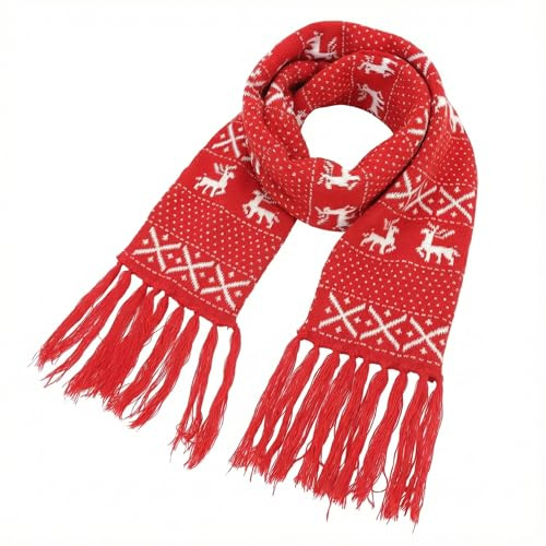 BESPORTBLE Weihnachtsschal Damen & Herren - 160 cm Wolle Dicker Schal mit Rentier & Schneeflocken Design | Weich Warme Gestrickte Winter Schals mit Quaste | für Familie, Party & Geschenk