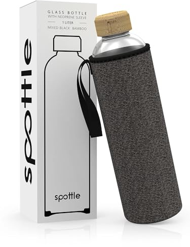 spottle Glass Water Bottle with Neoprene Sleeve, Borosilicate Drinking Bottle - Dishwasher Safe, Suitable for All Beverages, BPA free, 1L
