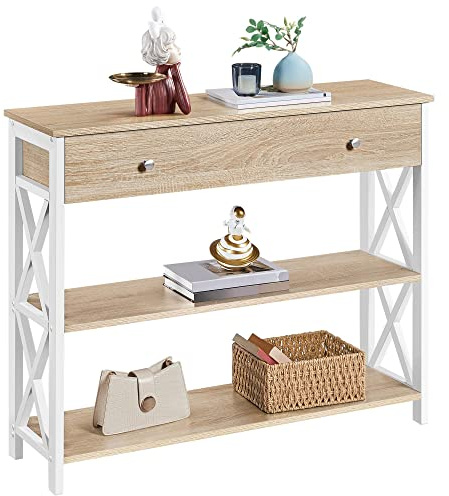 Yaheetech Console Table for Living Room, Industrial Entryway Table with Drawer and Storage Shelves, Sofa Table Side Table for Hallway/Living Room/Bedroom Metal Frame, 100x29.5x81cm, Light Oak