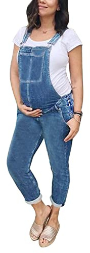 Suncolour Salopette De Maternité En Denim, Femme, Bleu, Taille Haute, S, Décontractée, Uni, Boutons, Maternité, Grossesse, Mode, 1 Count
