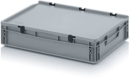 Contenitore euro con coperchio a cerniera ED 64/12 HG Auer, grigio, 24 l, scatola di plastica 60 x 40 x 13,5 cm, maniglie chiuse, contenitore industriale per conservare alimenti, da campeggio