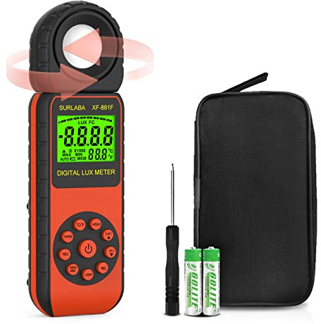 SURLABA Digitale Luxmeter Light Meter, XF-881FBelichtungsmesser Messbereich 0.01~400,000Lux, Tragbare Lichtmesser mit 270°Drehbarem Detektor, Illuminometer Photometer Helligkeitsmessung für Fotografen