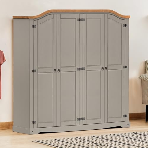 Mercers Furniture Corona Grey Wax 4 Door Arch Top Wardrobe Solid Wood Pine Wooden Painted large Bedroom Storage Shelves Hanging Rails Shabby Chic Mexican Style 190cm High 191cm Wide 51cm Deep