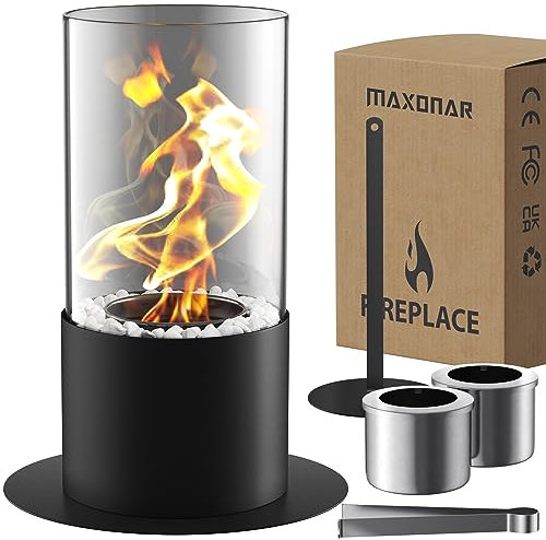 Maxonar Bioethanol Tischkamin Tischfeuer mit PU Pad Dekorative Steine Längere Brennzeit Tragbare Bio Ethanol Feuerstelle Kleiner Kamin für Indoor und Outdoor Balkon Terrasse Wohnung Garten Deko