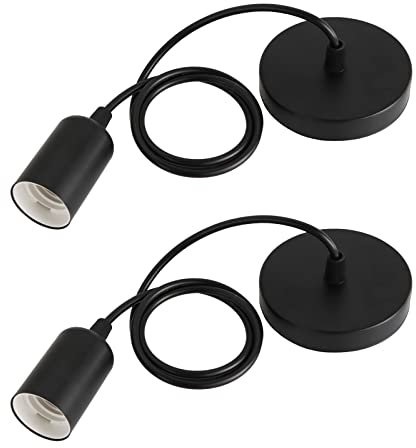 2 Pezzi Portalampada E27 in Metallo, Lampada a Sospensione Accessori, con 100CM Regolabile Cavo, E27 Lampada a Sospensione per Ristoranti, Cucina, Soggiorno, Caffè, Bar(Nero)