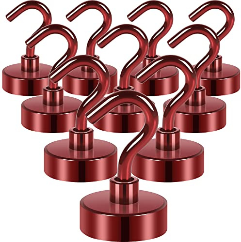 Neosmuk Lot de 10 crochets magnétiques, aimants de terre robustes avec crochet pour réfrigérateur, crochet de croisière extra fort pour suspension, crochet magnétique pour cabines, grill (rouge)