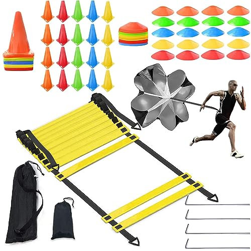 niuniaj Fußball Trainingsset,Fussball Trainingszubehör,Koordinationsleiter 6-Meter,20Hütchen Fussball,20 Markierungshütchen,4 Erdnägel 1Widerstandsschirm 1 Tragetasche Fussball Trainingsset