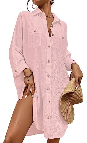 Bsubseach Sommer Strandkeid für Frauen Button Down Strand Shirt Kleid Badeanzug Cover Up V-Ausschnitt Strandponcho Bademode Resort Wear Rosa XL