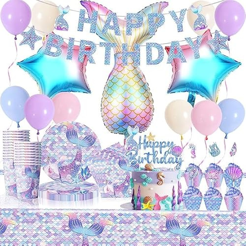 85pcs Serves for 20-Guests Mermaid Party Tableware Set, Party Accessories for Girls Birthday Table Decoration Mermaid[Plate, Cup, Tablecloth, Balloon, Banner, CakeTop]