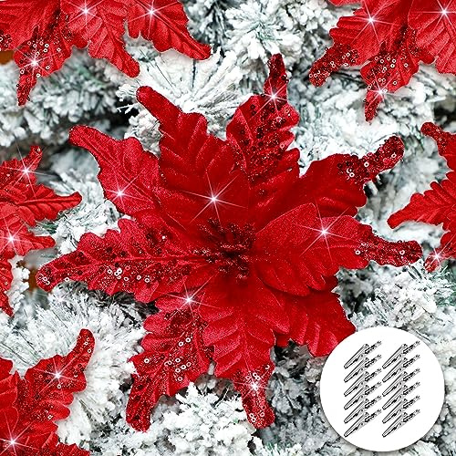 Yuxung 12 Pcs Christmas Glitter Fabric Poinsettia 10 Inch Artificial Xmas Flower with Clips Large Head Christmas Tree Ornaments Faux Xmas Flower with Stems for Wedding Party(Red)
