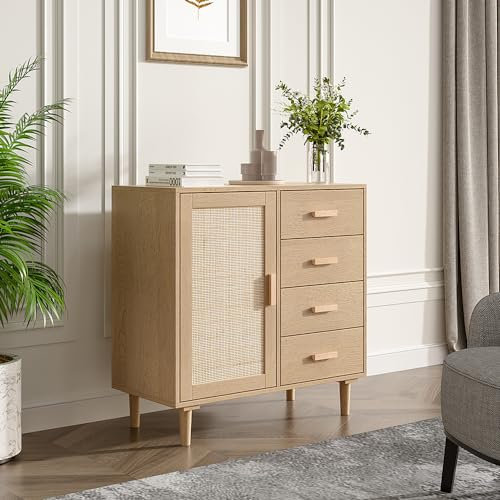 Warmiehomy Sideboard Storage Cabinet Wooden Storage Unit with 4 Chest of Drawer 1 Rattan Door Cabinets Sideboards for Living Room, Bedroom, Enterway, 80 x 38 x 80.5cm