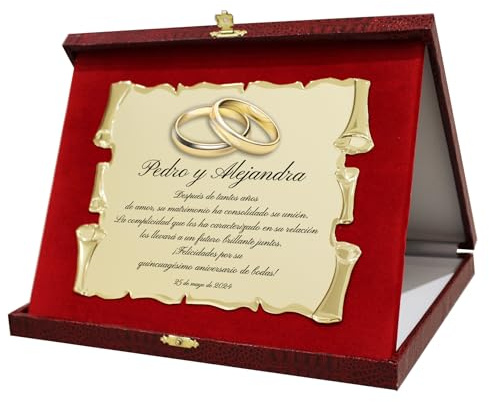 Placa Personalizada de Aniversario de Bodas | Cofre con pergamino Dorado Grabado | Placa Personalizable para Boda de Plata, Oro, Diamante y Otros