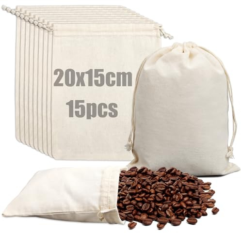 Cotton Muslin Bags 20×15 cm Cotton Drawstring Bag 15 Pcs Reusable Drawstring Bags Breathable Pouches Packing Storage Bags Cotton Bags Canvas Bag for Festival Wedding Party Birthday Jewelry DIY Craft