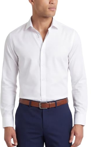 Tom Baine Men's Slim Fit Performance Dress Shirt – 4-Way Stretch, Wrinkle Free, Long Sleeve Solid Button Down, Machine Washable (White, Medium)