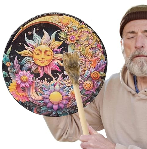 Tambor indio - Instrumento de percusión tribal, tambores de mano para adultos, tambor de mano chamánico de cuero PU | Auténtico instrumento de sonido para música espiritual, accesorio chamán vintage r