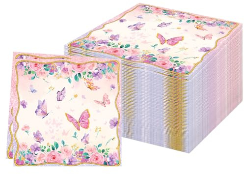60Pcs Serviettes à Papillon,Rose Fleur Serviettes Cocktail Papier Vaisselle Jetable Butterfly Été Printemps Serviette de Table pour Mariage Anniversaire Apéritif Baptême Dessert Décoration,33 * 33cm