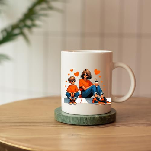 Mamma-barnkopp – snygg design, 330 ml, gåva till mamma och son, diskmaskinssäker (orange)
