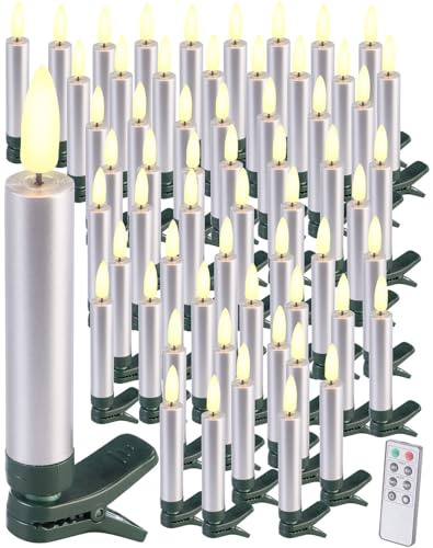 Lunartec LED Kerzen Baum: 60er-Set LED-Weihnachtsbaumkerzen mit täuschend echter Flamme, Silber (Kerzen Weihnachtsbaum Batterie, Licht Kerze Weihnachtsbaum, Dimmer)
