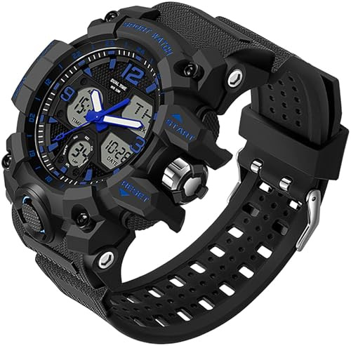 findtime Militär Armbanduhr Herren, Analog Digital Sportuhr mit Alarm/Stoppuhr/ZweiZeitzonen/LED Harzarmband Laufuhr